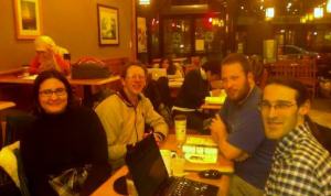 Pittsburgh Transit Meetup at Caribou Coffee. From left, Ana Bayne, Stuart Strickland, Zachary Ziegler, and Michael Sypolt